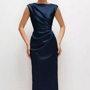 After Six Midnight Navy Blue Pleated Cap Sleeve Charmeuse Gown 6899